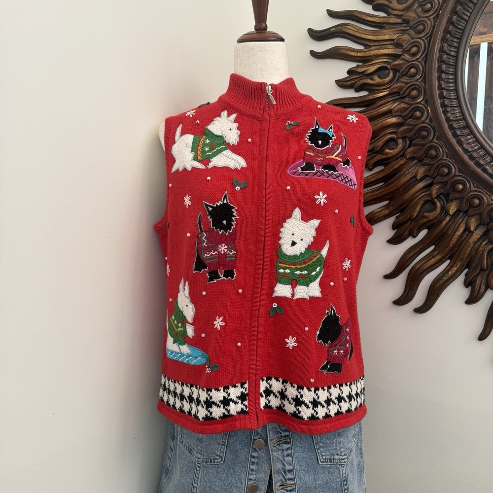 Vintage Studio Joy Christmas Sweater Vest L Scottie Westie Dogs Natural Fiber